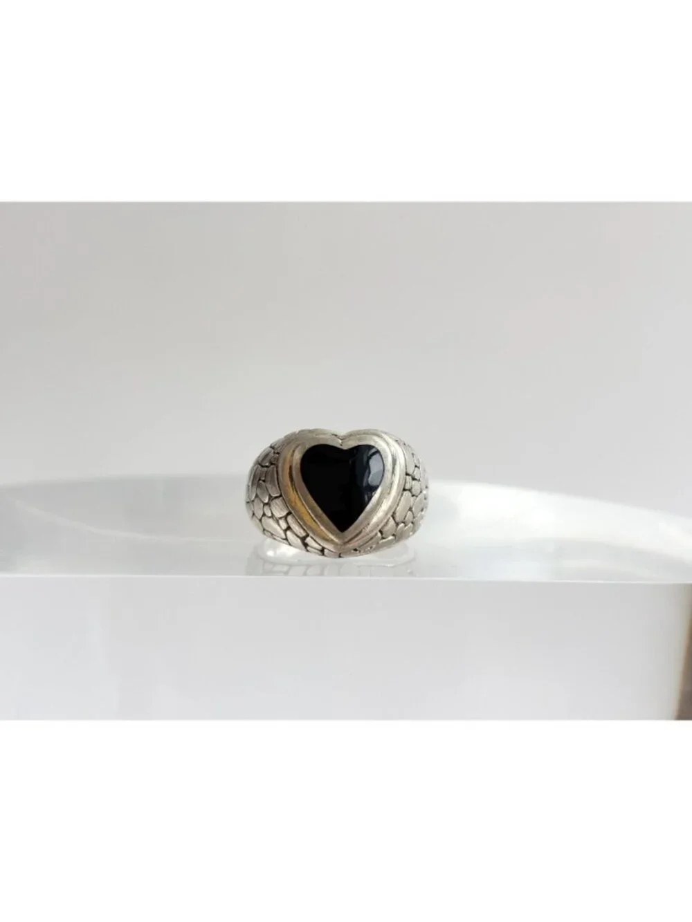 Heart Black Onyx Tortoise Shell Pattern Sterling Silver 925 Vintage Ring sz 6.5
